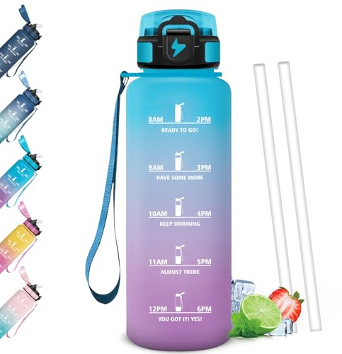 Mulbijeo Borraccia 1,5 Litri, A Prova di Perdita & Portatile, Borraccia con Cannuccia, Borracce, Apertura One-touch, Borracce Motivazionale per Scuola, Palestra, Campeggio, Ciclismo, Yoga