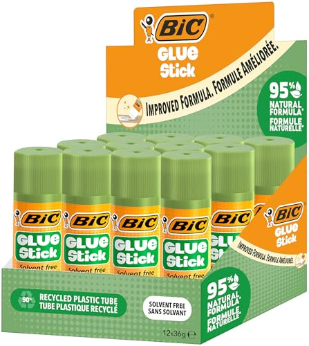 BIC Glue Sticks 36g 95% Natural Ingredient Formula in Rotating Tube for Crafts - Box of 12