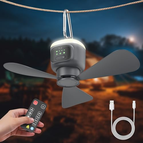 Deckenventilator mit Beleuchtung Camping, Aufladbar Deckenventilator mit Licht und Fernbedienung, USB, Timer, Geeignet für Schlafzimmer, Terrasse, Sonnenschirm, Werkzeugraum, Pavillon, Vordach (grau)