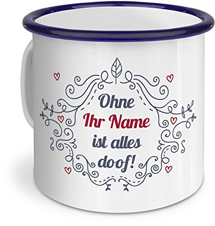 printplanet® Emaille-Tasse mit Namen personalisiert - Motiv Ornamente - Nostalgie-Becher, Camping-Tasse, Blechtasse,Farbvariante Blau