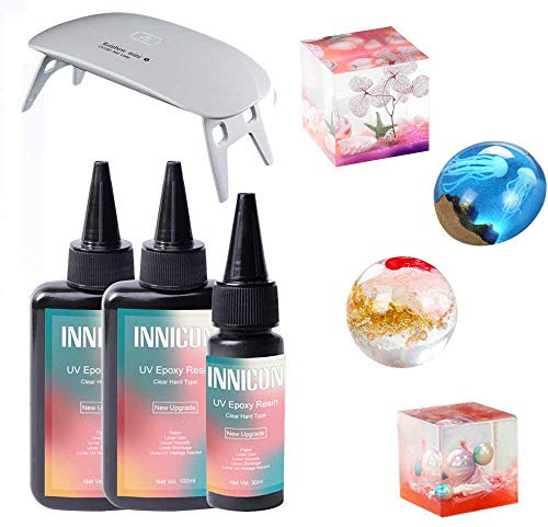 INNICON UV Resin Epoxy Glue Gel Set, 230ml Non-Toxic Transparent Hard Type Curable, DIY Earring Making Supplies for Silicone Muolds Pendants Earrings Necklace Bracelets, with Portable Lamp
