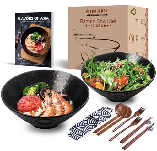 Ramen Bowl Set of 2, 1500ml Japanese Ceramic Noodle Bowl with Spoons, Chopsticks and Forks, for Pho, Udon, Soup, Curry, Cereal, Fruits and Salad, Housewarming Gift-Microwave Safe, Large Capacity