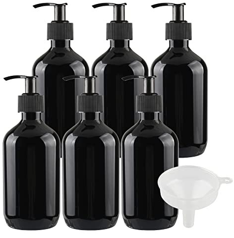 FBJIE 6 Stück 300 ml 10 oz Leere Rund Schwarz Kunststoff Flasche mit Seifenspender, 300ml Lotionspender Gelspender Pump zum befüllen für Cremigen Substanzen, Lotionen,Gele Lotion-Spender mit Trichter
