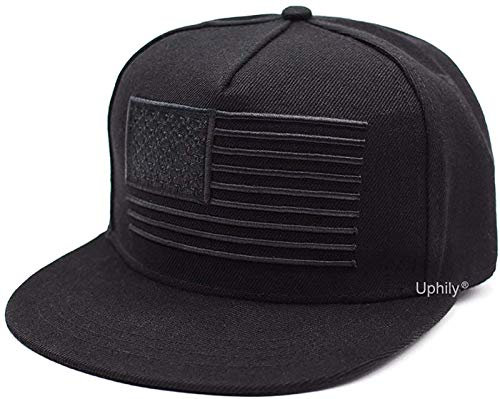 USA Flat Brim Bill Hat - American Flag Baseball Cap - Black High Profile Patriotic Snapback Hat for Men or Women