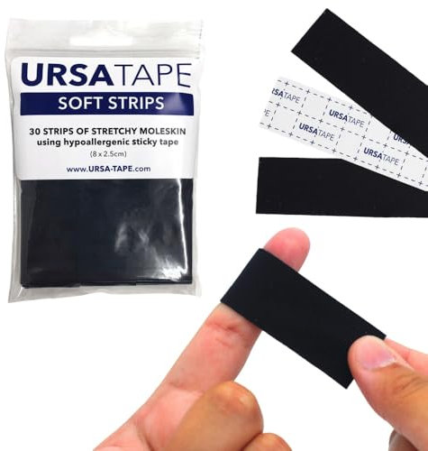 URSA Tape Stretchy Moleskin Fabric Tape | 30 Strips, Heavy-Duty Blister Prevention, No-Residue Bandages for Feet & Body Tape for Fabric | Black Moleskin (3.14 x 0.98in)