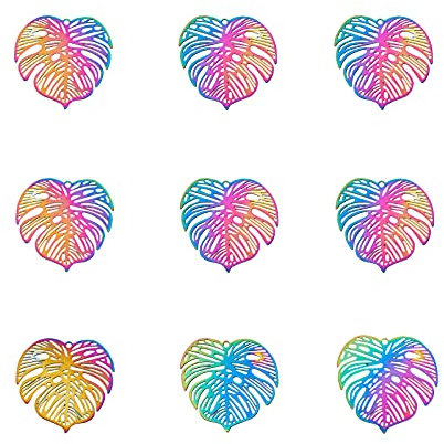 Beadthoven 50 Stück 201 Edelstahl Monstera Blatt Charm Anhänger Regenbogenfarbe Filigrane geätzte Metallverzierungen Hohlverbinder für Schmuckherstellung