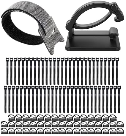 Kabel Management Klett-Kabelbinder und Clips, 100 Pack, 50 x wieder verwendbare Kabelbinder mit Schlaufe, 50 x selbstklebende Kabelklemme, in Schwarz, Kabelorganisation für Wand, Decke, Boden, PC, TV