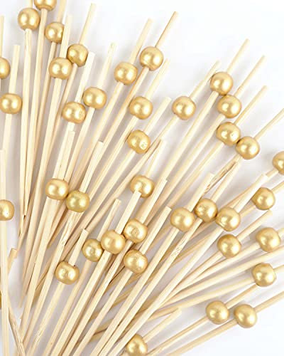 Gold Pearl - Juego de 200 palillos de dientes reutilizables para aperitivos, pinchos de bambú hechos a mano de 4,7 pulgadas para fiestas