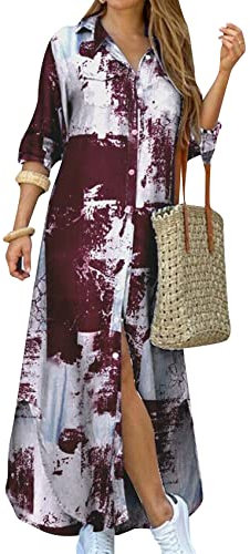 YMING Women Long Denim Summer Shirt Dress Long Sleeve Casual Oversize Sundress Tie dye Wine Red M