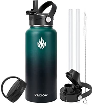 XACIOA Water Bottle Vacuum Insulated 32oz 40oz with Straw Lid,Stainless Steel Drink Flask with Flip Top Bottle Lid,Metal Wide Mouth Double Walled Leak Proof Keeps Hot Cold (Indigo/Black, 32oz)