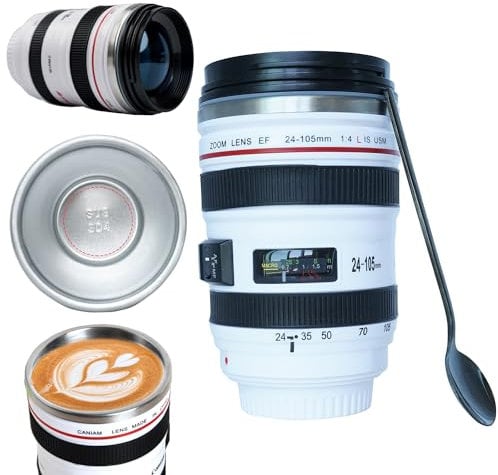 PhantAccy Taza de café con lente de cámara, sin BPA, de grado alimentario, SUS-304, de acero inoxidable, a prueba de fugas, con tapa y cuchara, 13 onzas (blanco)