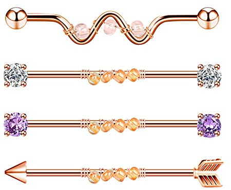 Longbeauty 4 Stück Industrial Barbells Set Körperschmuck Piercing Ohrringe Helix Rosegold