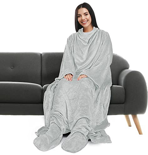 Wearable Blanket Women, Silent Night Snugsie Wearable Blanket with Sleeves and Foot Pocket, Soft Cosy Fleece Blankets for Sofa, Winter Gift for Family, 190 x 135 cm, Light Grey