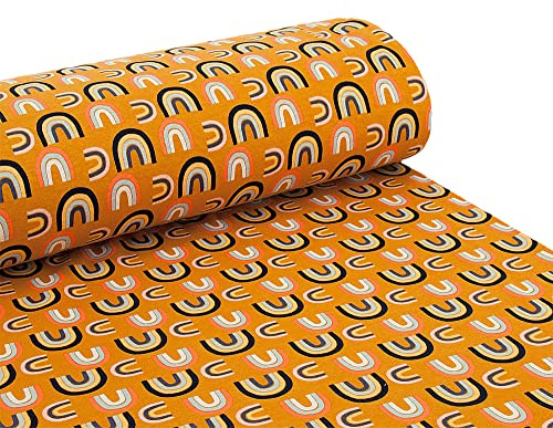 Baumwoll - Sweat Stoff Alpenfleece Regenbogen Rainbow ocker - Meterware ab 25 cm x 150 cm - Stoff zum Nähen