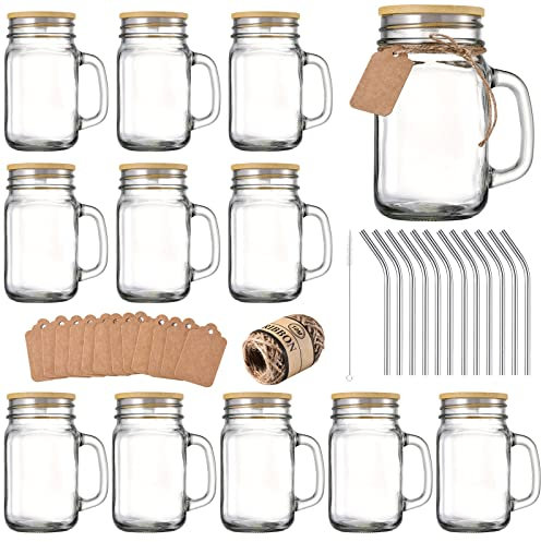 TANGLONG 16 oz Mason Jars with Handle, Mason Jar Cups, Glass Cups with Lids and Straws, Drinking Glasses Set of 12