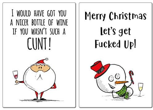 (2 Pack) Rude Christmas Wine Bottle Labels - Funny Santa C**T & F**KED Up Snowman Designs