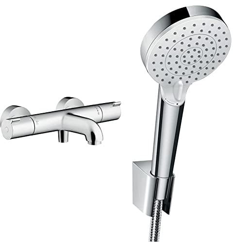 hansgrohe Set mit Ecostat Aufputz Wannenthermostat für 2 Funktionen (Chrom) + Crometta wassersparendes Brausehalterset mit Sparduschkopf, Duschschlauch 1,60m und Halterung (Weiß-Chrom)