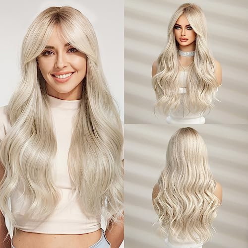 HAIRCUBE Lang Weiss Blond Perücken für Frauen Synthetisches Haar Perücke mit Bangs