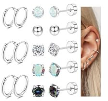 Diamday 8Paare Titan-Stahl Piercing Ohrstecker Set 20G Hoop Creolen Ohrringe für Damen Herren Kleine Kugel Opal CZ Flache Rückseite Ohrringe Tragus Knorpel Helix Kleine Creolen für Mehrere Piercings