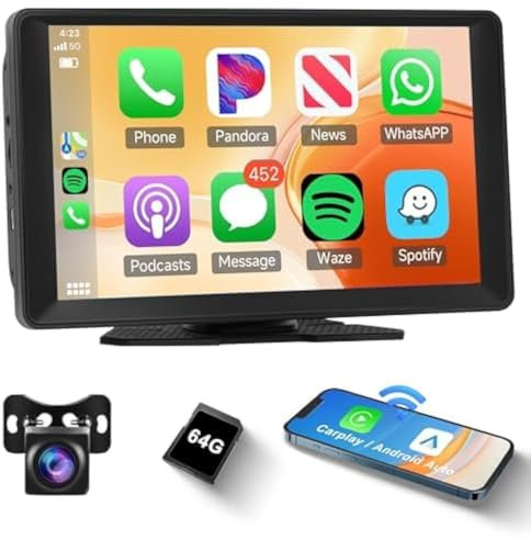Wireless Carplay Screen Portable Car Stereo Android Auto Rimoody 9'' Touchscreen Carplay Screen Voice Control, Bluetooth, AirPlay, Android Cast, AUX/FM 64G TF Card, Backup Camera