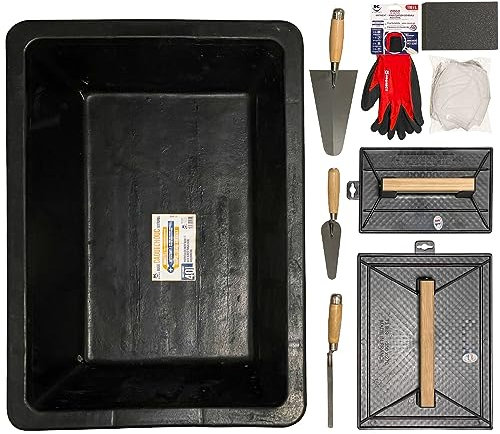 Kit d'Outils de Maçonnerie Caoutchouc & Pose Carrelage, Bricolage, lot de 10 outils - 1x Auge 40L, 2x Taloches, 3x Truelles, 2 Paires de Gants, 1x Eponge de Maçon, 1x Lot de 12 Masques FF2