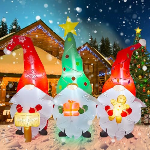 Kalolary 7.4 Pies Muñecas Inflables de Navidad, 3 Gnomo Sosteniendo Carteles Navideños Regalo Hombre de Jengibre Muñecas Hinchable para Interiores, Exteriores, Jardín, Decoraciones Navideñas