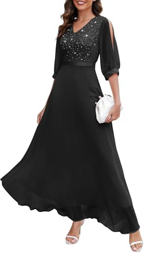 Wedtrend Abendkleid Damen Festlich Elegant Abendkleid Damen Lang Halber Ärmel Kleid Lang Abendkleid Elegant für Hochzeit WT0317 Black S