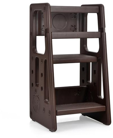 COSTWAY 2 Stufen Lernturm mit 3 einstellbaren Höhen, Lerntower mit Schutzgeländer, Lernstuhl Küchenhelfer für Kinder von 18-60 Monaten (Braun)