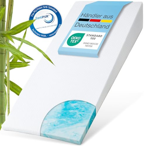 ELONEO Bettkeil Topper 100 x 200 cm aus Gelschaum, Matratzen-Keilkissen zur Bettneigung, Keilmatratze, Keilförmige-Matratzenauflage, Erhöhungskeil, Bezug waschbar