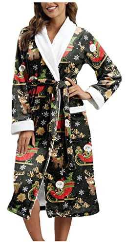 Weihnachten Bademantel Damen - Weihnachten Bademantel Damen Flauschig - Weihnachten Morgenmantel Damen Kuschelig - Weihnachten Hausmantel Damen Lang Warm - Badeponcho Weihnachten Saunakilt Damen