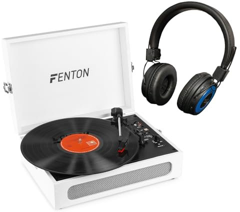 Fenton RP118F White Briefcase Record Player with Wireless Bluetooth Headphones, Built-in Stereo Speakers, USB Vinyl to MP3 Encoding, Bluetooth Transmitter & Receiver, 3-Speed Vinyl Player Set