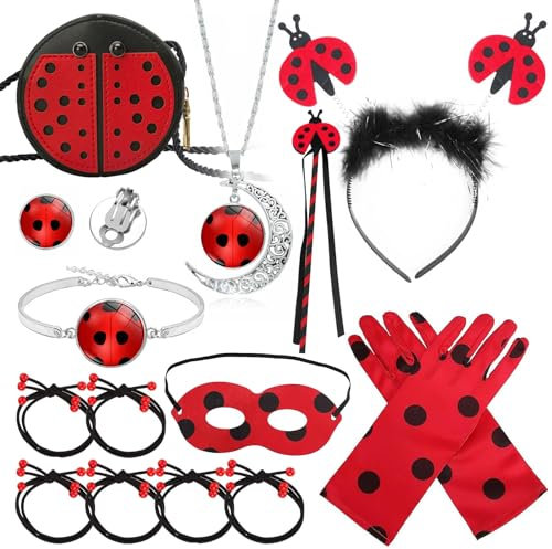 VGMANNTA Ladybug Kostüm Mädchen Zubehör Set Lady Bug Spielzeug Marienkäfer Kopfschmuck Handschuhe Ladybug Schmuck Halloween Marienkäfer Geburtstagsparty Zubehör Geschenk für Mädchen
