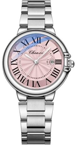 JewelryWe Uhren Damen Edelstahl Damenuhr: Klassische Datum Kalender 30m Wasserdicht Analog Quarz Armbanduhr Frauen Silber Edelstahl Armband Uhr mit Pink Römischen Ziffern Zifferblatt
