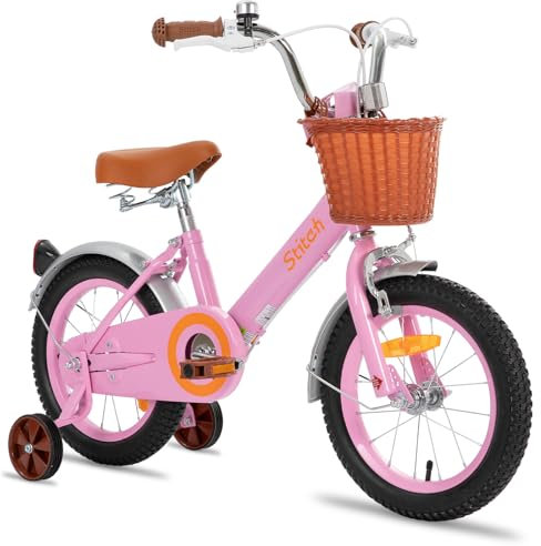 STITCH Vintage 12 Zoll Kinderfahrrad für 2-4 Jahre Mädchen, Kinderfahrrad mit Vorderkorb & Stützrädern,Rosa