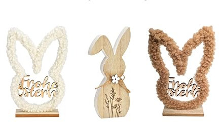 Schmucks HOME Osterdeko Aufsteller 3X Osterhasen weiß beige Holz Fell