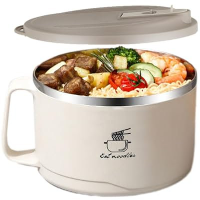 Instant Noodle Bowl with Lid, Ramen Cooker,Stainless Steel Noodle Box | Cereal Bowl with Phone Holder, 1100ml Filterable Design, Dust Proof Shell Boxes