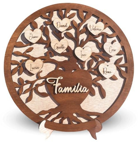 Amaisso® Arbol de la Vida Personalizado en Madera - Regalo Original con Nombres de Corazones Personalizados de la Familia - Árbol Genealógico Familiar con Soporte - Adornos Pared Decoracion Hogar