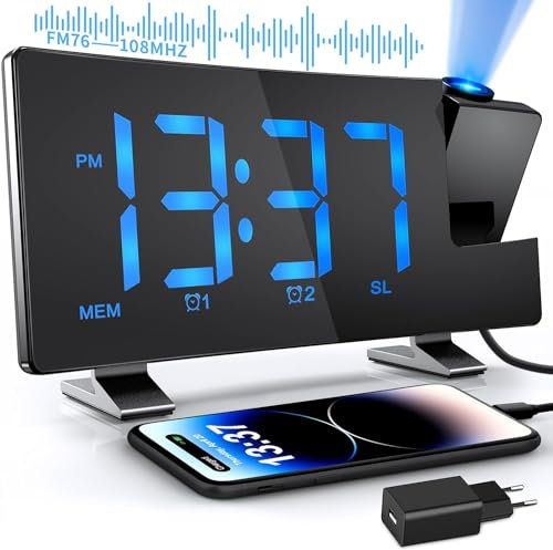 TAKRINK Projektionswecker Radiowecker mit projektion USB-Anschluss Wecker mit projektion12 / 24H Projektionsanzeige 15 Lautstärkestufen 180° Projektor 4 Projektionshelligkeit für Erwachsene, Kinder