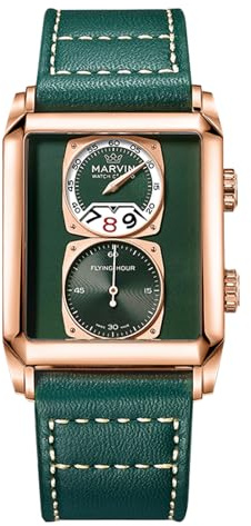 marvin Rechteckige Herrenuhr Automatik Schweizer Herren Luxus Chronograph Quarzwerk Echtes Lederarmband Edelstahlgehäuse Leuchtzeiger 50 Meter Wasserdicht Business Armbanduhr für Männer