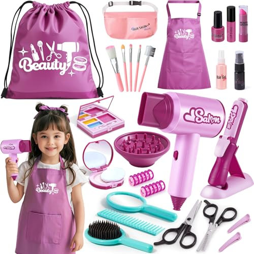 G.C Set Coiffure Enfant Jouet Fille 3 4 5 6 7 Ans, Kit Coiffure avec Sèche Cheveux Lisseur Miroir Sac à Cordon Ciseaux Tablier Accessoires de Coiffure, Kit Coiffure Maquillage Jouet Cadeau Noël Fille