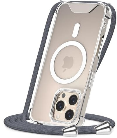 CAROKI Crossbody Lanyard Case for iPhone 16 Pro 6.3 inch, Magnetic Case Compatible with MagSafe Transparent Slim PC + TPU Clear Phone Case Cover with Lanyard Strap for iPhone 16 Pro-Grey