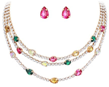 EVER FAITH Collana girocollo a strati di cristallo, alla moda, a forma di cuore, a 3 fili, con orecchini colorati alla moda, per donne, multicolore, cristallo