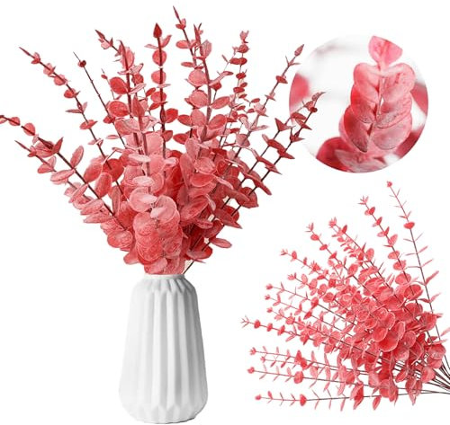 RHQFDM 30 Piezas 38cm Ramas Eucalipto Ramas de Eucalipto Artificial de Plástico Artificial Falsas Ramas de Eucalipto Que Parecen de Verdad,para Bodas,Jardines,Decoración de Oficinas(Rojo)