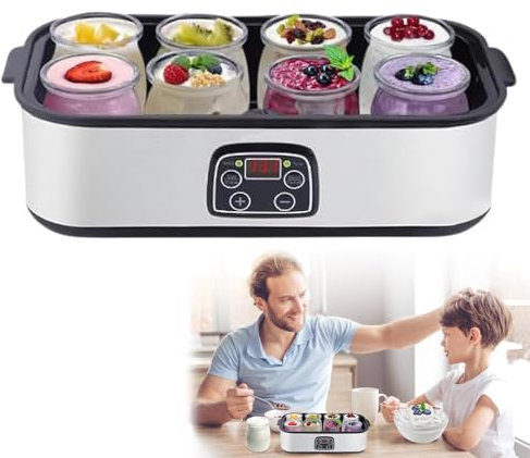 ﻿ Elektischer Joghurtbereiter, Joghurt Zubereiter,LCD-Display, Joghurt-Maker, Timer & Temperatur-Einstellung, 8 Gläser à 1400 ml, 25 W (A)