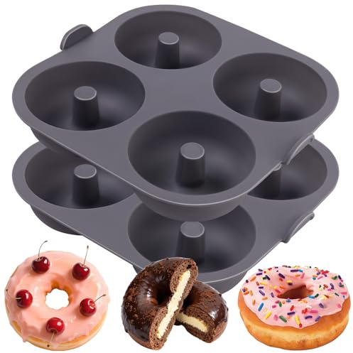 Butabeishy Silikon-Donutform 2er-Set, 4 Mulden, Grau | Antihaft-Beschichtung, Spülmaschinenfest, Mit Tragegriff, Für Heißluftfritteuse, 8,5 cm Muldendurchmesser