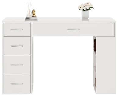 SUNXURY Schminktisch 1200x400 mm, weiß moderner Kosmetiktisch mit 5 Schubladen und 3 offenen Ablagen Großer Stauraum Frisiertisch Schminktisch ohne Spiegel für Mädchen