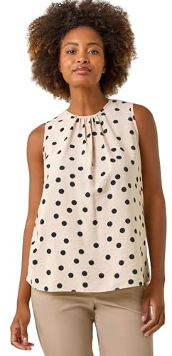 Roman Originals Spot Print Tie Detail Vest Top for Women UK - Ladies Everyday Holiday Spring Summer Round Neckline Comfy Soft Evening Vacation Work Party - Stone - Size 16