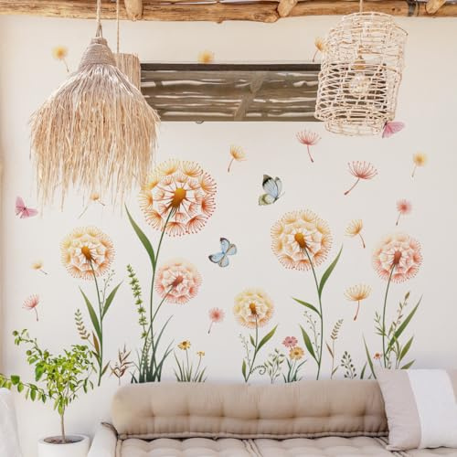 Runtoo Bunte Löwenzahn-Wandaufkleber, zum Abziehen und Aufkleben, Blumen-Wandaufkleber für Badezimmer, Kinderzimmer, Kinderzimmer