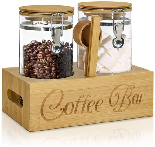Wotendy Recipientes de Vidrio para Café con Estante, Frasco de Almacenamiento de Café con Cucharas para Frijoles, Té de Hojas Sueltas, Nueces, Matcha, 1400ml, Color Nadera