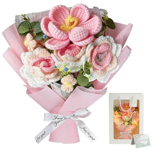 Handmade Crochet Flower Bouquet with LED Lights, Knitted Roses & Tulips Gift Set with Bag & Card, Eternal Artificial Flowers for Graduation, Birthday, Anniversary, Thank You Teacher, Home Decor (Pink)